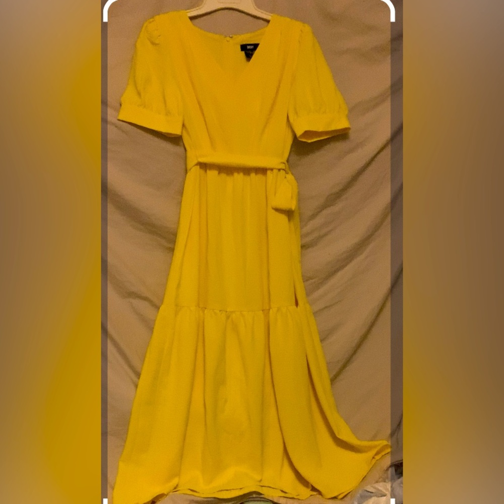 ✨⚡️💥 DKNY Sunshine Yellow Ruffle  V-Neck Puff Sleeve Tiered MIDI Dress Sz 8